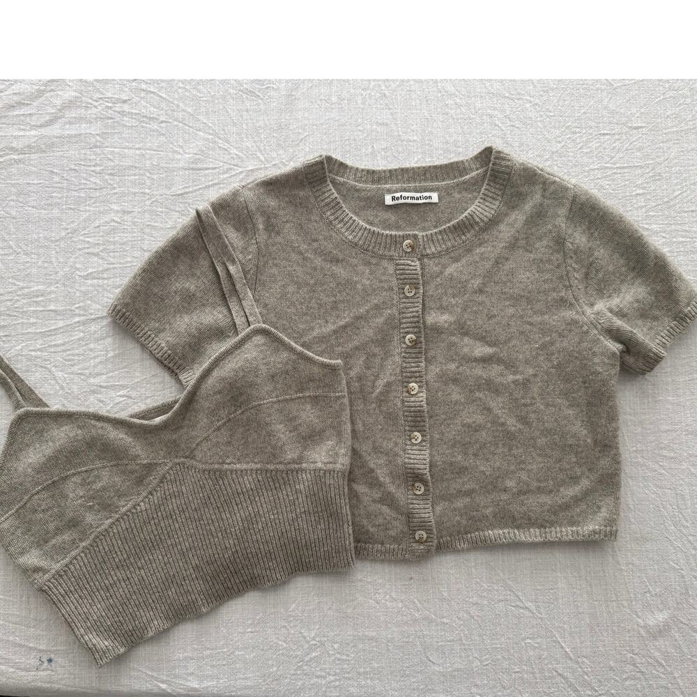 Reformation | Gisela gray cashmere tank & short sleeve cardigan sweater set Med
